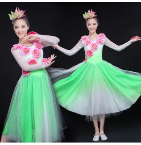 Gradient  light pink colored long sleeves women's ladies flamenco modern dance opening chorus performance dance dresses outfits